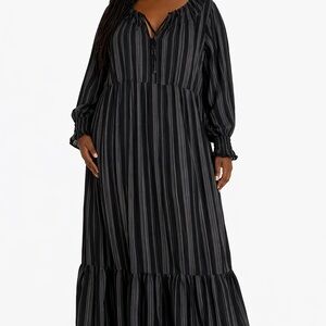 Terra & Sky Black Long Sleeve Striped Dress